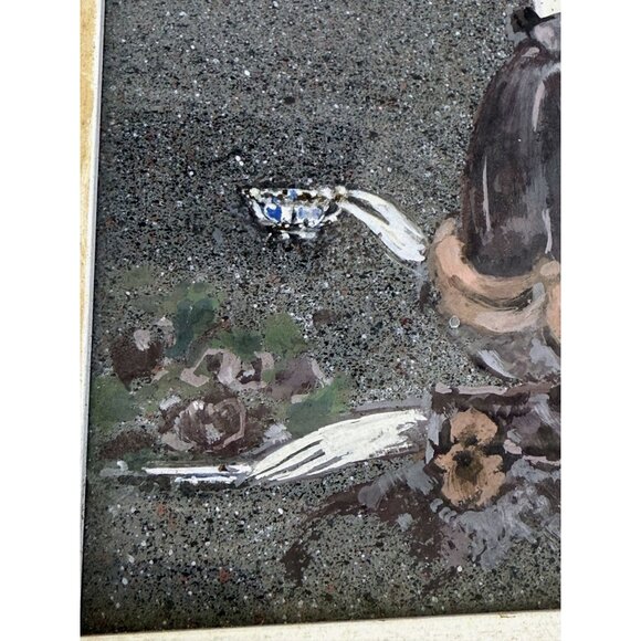 Vintage 40's Framed Acrylic Painting Creepy Victorian Girl Drinking Tea - Picture 14 of 16